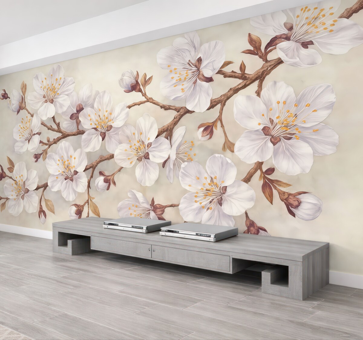 Fototapeta Kwitnąca gałązka wiśni na szarym tle.