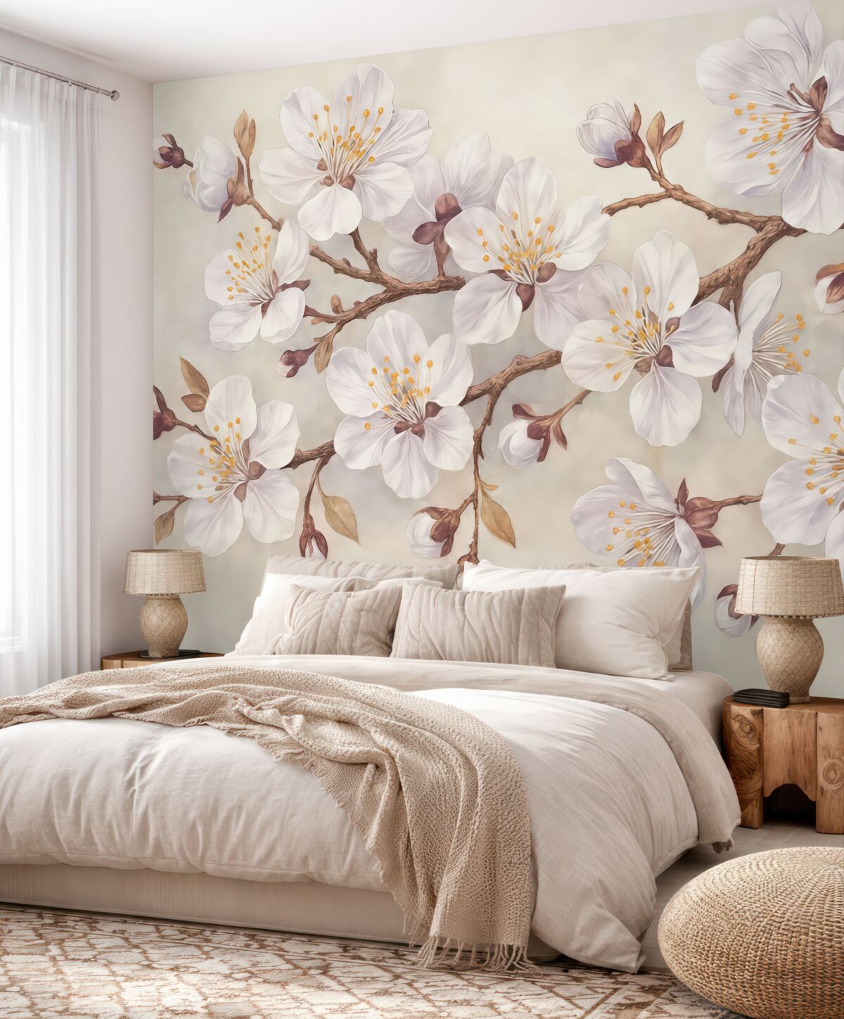 Fototapeta Kwitnąca gałązka wiśni na szarym tle.