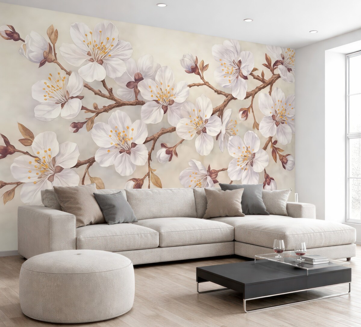 Fototapeta Kwitnąca gałązka wiśni na szarym tle.