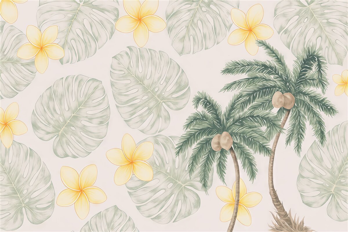 Fototapeta palmy oraz malowane listki i kolorowe kwiaty