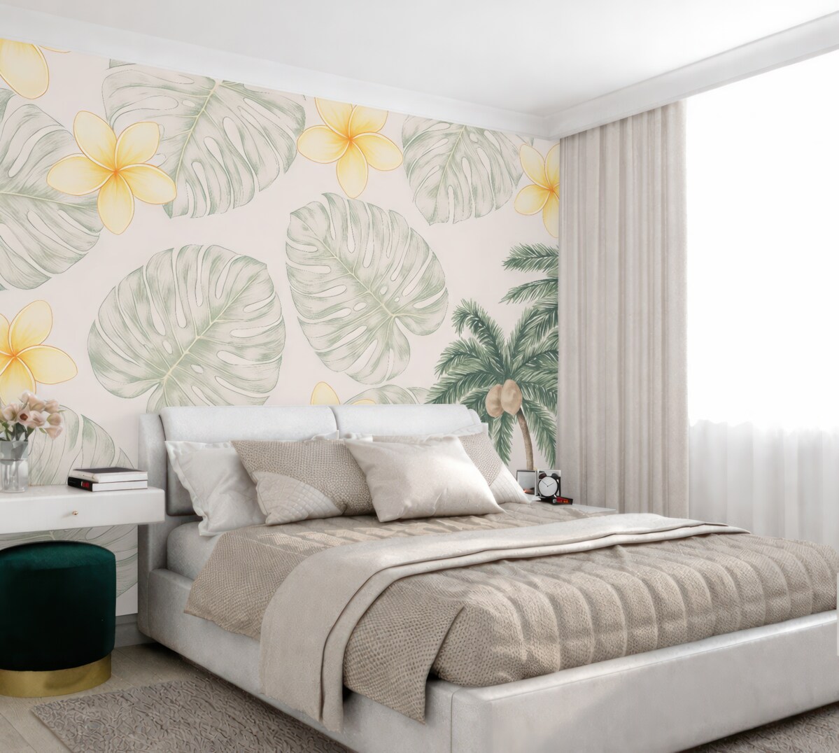 Fototapeta palmy oraz malowane listki i kolorowe kwiaty