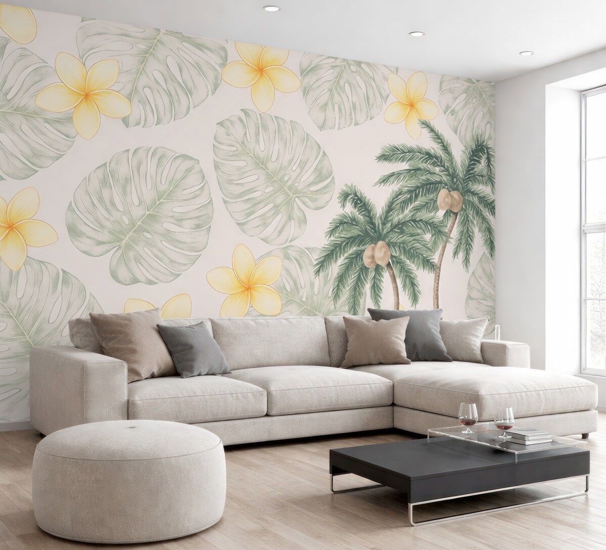 Fototapeta palmy oraz malowane listki i kolorowe kwiaty