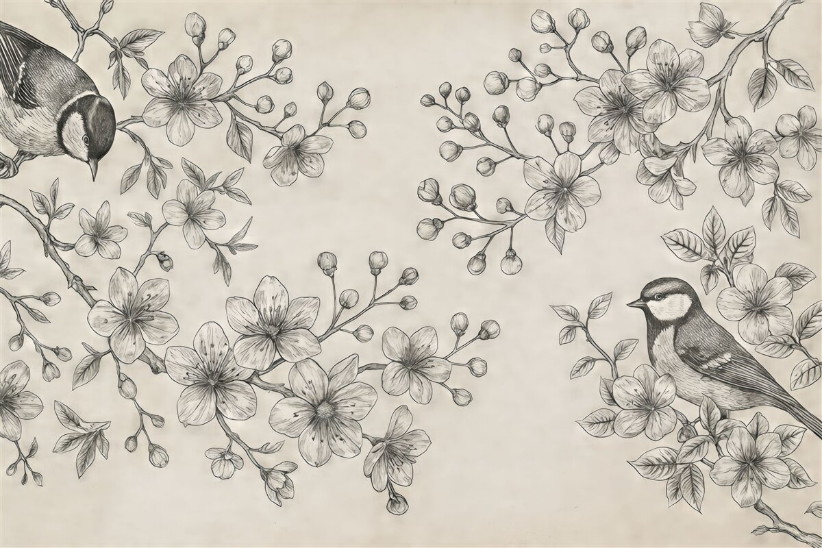 Fototapeta pomalowane gałęzie z kwiatami i ptakami