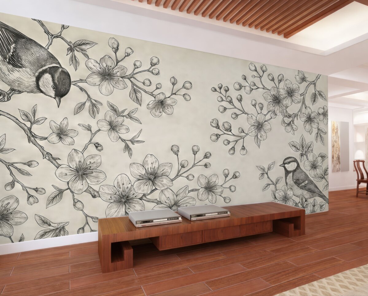 Fototapeta pomalowane gałęzie z kwiatami i ptakami