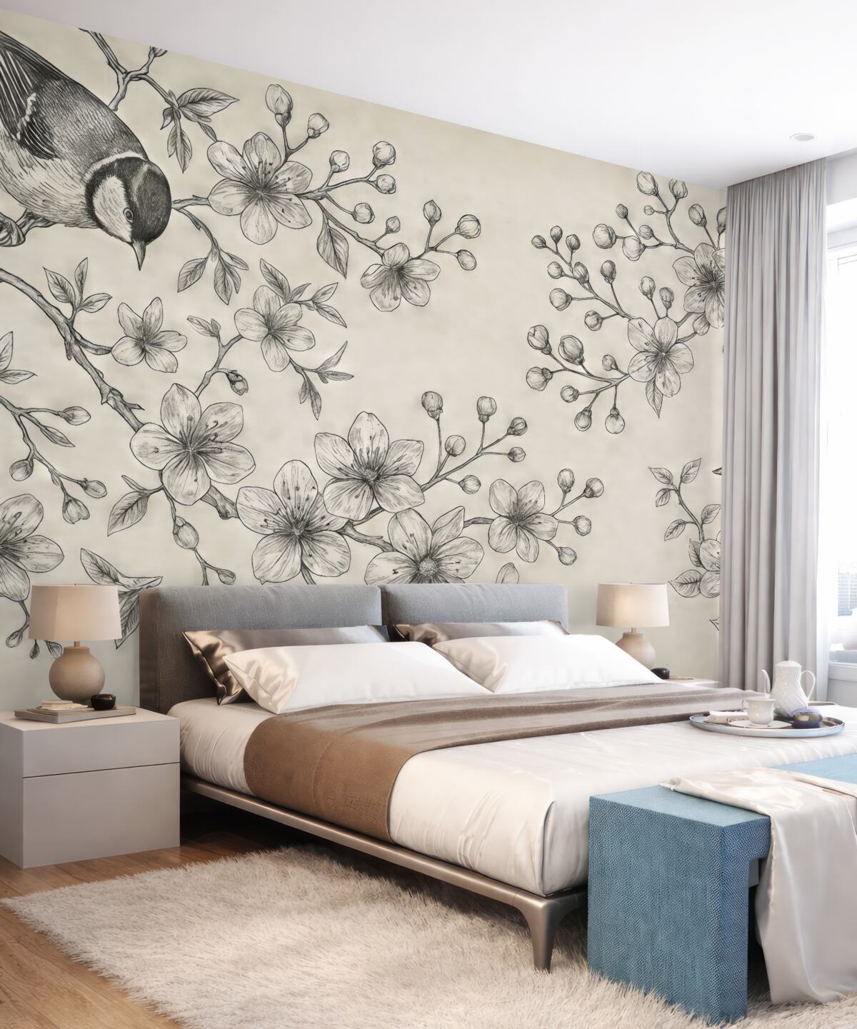 Fototapeta pomalowane gałęzie z kwiatami i ptakami