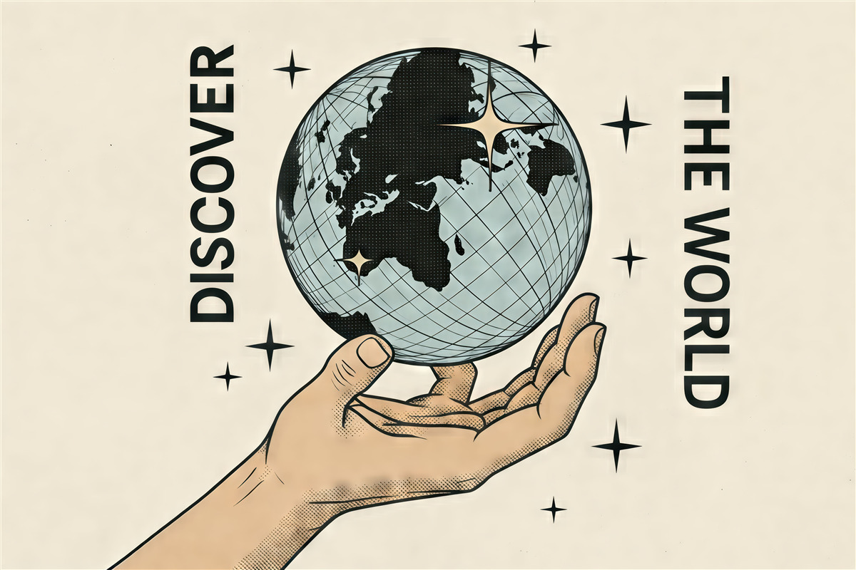 Fototapeta Beżowa dłoń obracająca globus na jasnym tle do ozdoby pokoju lub biura.