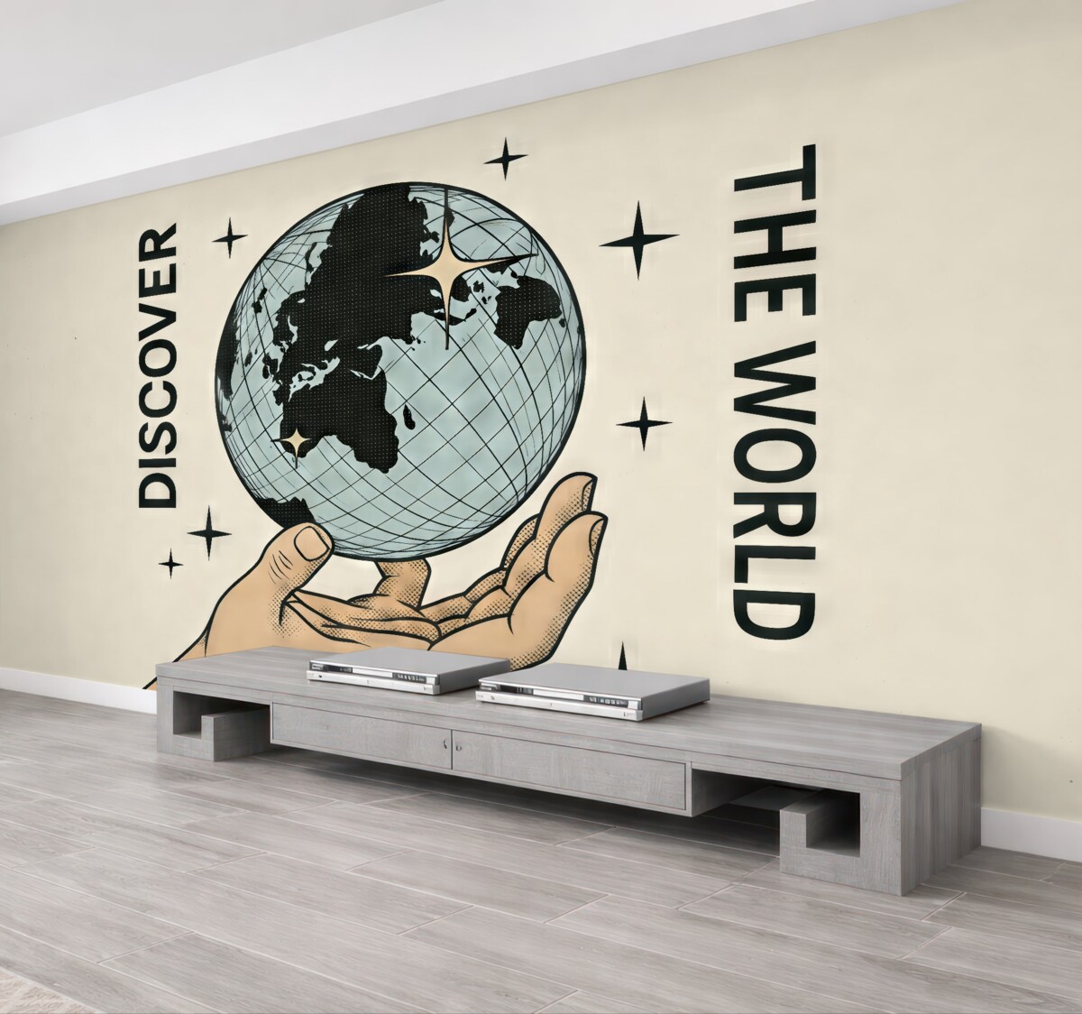 Fototapeta Beżowa dłoń obracająca globus na jasnym tle do ozdoby pokoju lub biura.