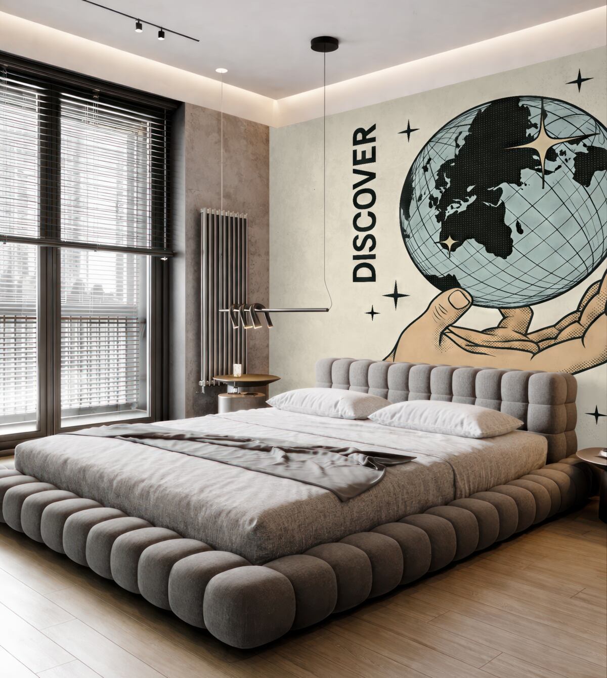 Fototapeta Beżowa dłoń obracająca globus na jasnym tle do ozdoby pokoju lub biura.