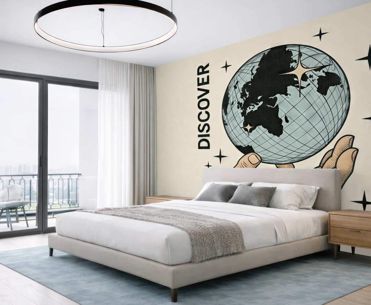 Fototapeta Beżowa dłoń obracająca globus na jasnym tle do ozdoby pokoju lub biura.