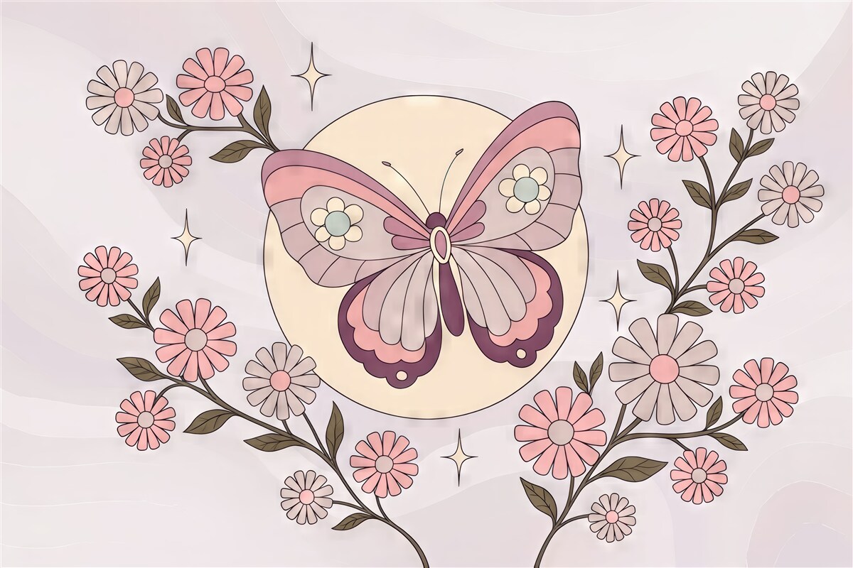 Fototapeta Tapeta z różowym motylem na jasnoszaro-różowym tle w otoczeniu kwiatów w minimalistycznym stylu do pokoju dziewczynki.