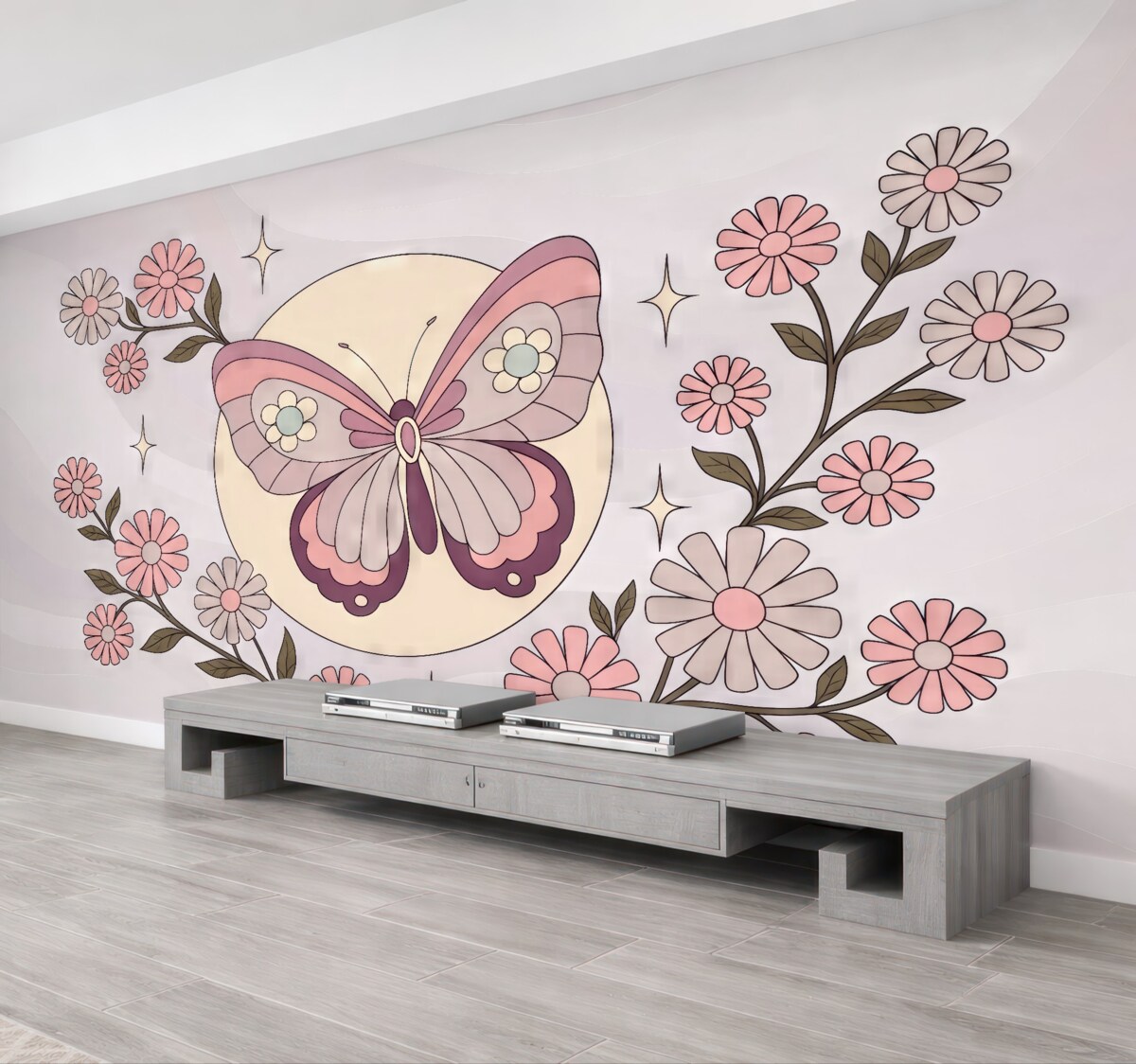 Fototapeta Tapeta z różowym motylem na jasnoszaro-różowym tle w otoczeniu kwiatów w minimalistycznym stylu do pokoju dziewczynki.