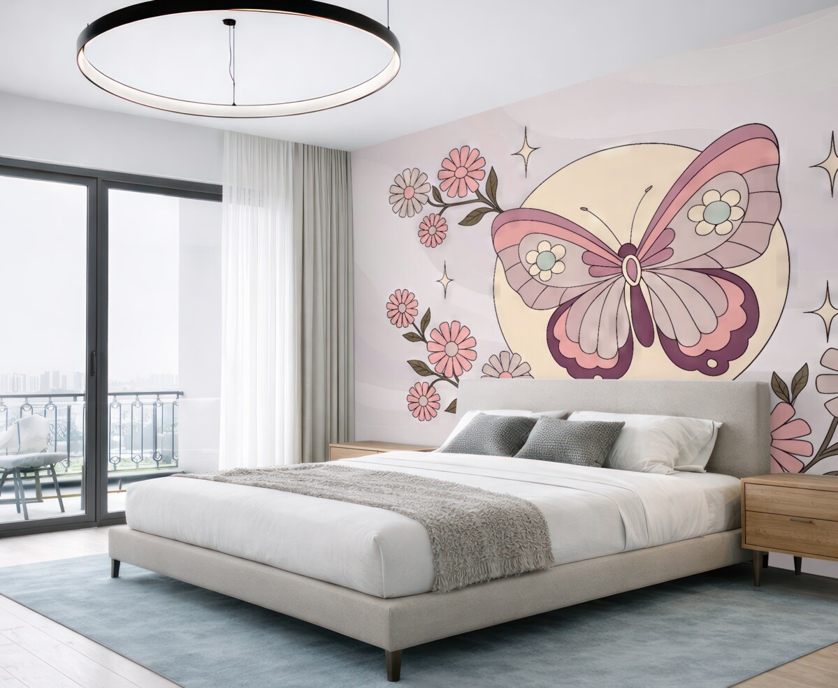 Fototapeta Tapeta z różowym motylem na jasnoszaro-różowym tle w otoczeniu kwiatów w minimalistycznym stylu do pokoju dziewczynki.