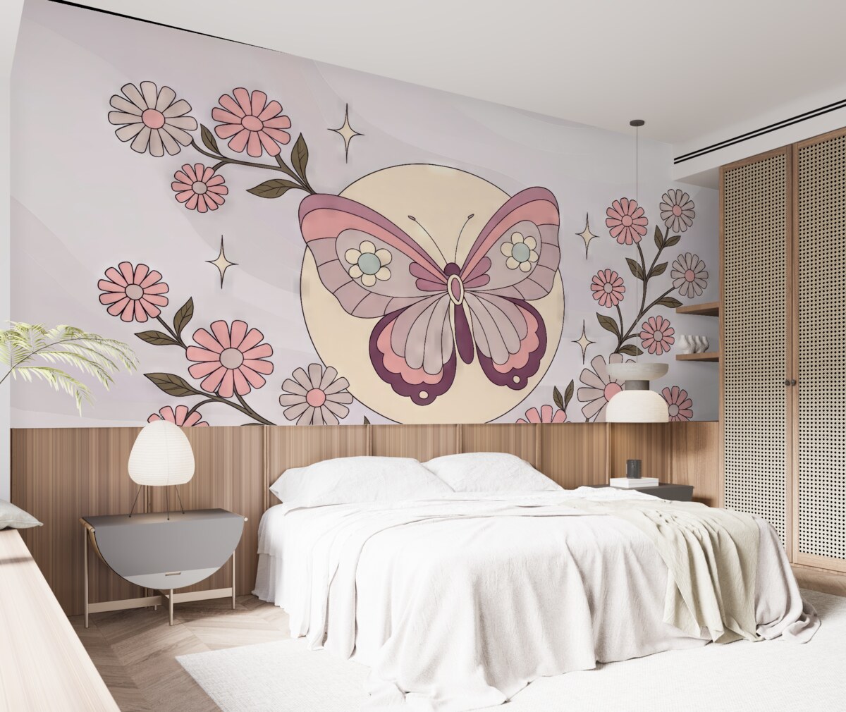 Fototapeta Tapeta z różowym motylem na jasnoszaro-różowym tle w otoczeniu kwiatów w minimalistycznym stylu do pokoju dziewczynki.