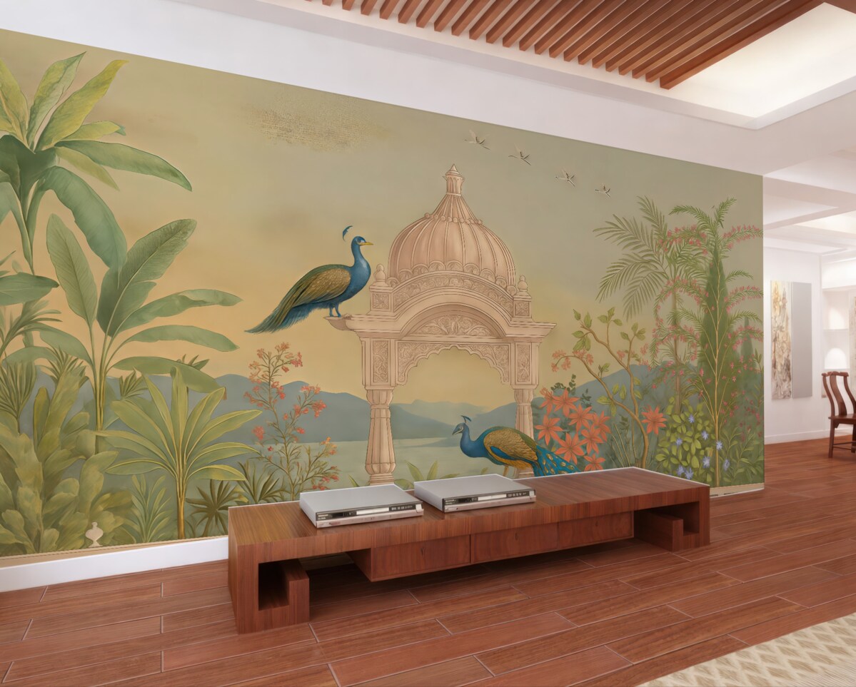 Fototapeta Fototapeta z widokiem na panoramę jeziora, tropikalny ogród z altanką oraz pawiami w subtelnych tonach zieleni i beżu, z teksturowanym materiałem.