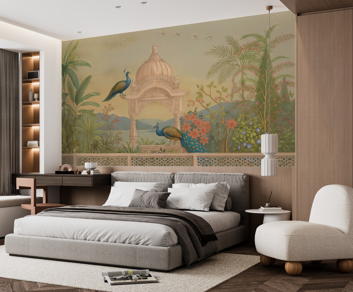 Fototapeta Fototapeta z widokiem na panoramę jeziora, tropikalny ogród z altanką oraz pawiami w subtelnych tonach zieleni i beżu, z teksturowanym materiałem.