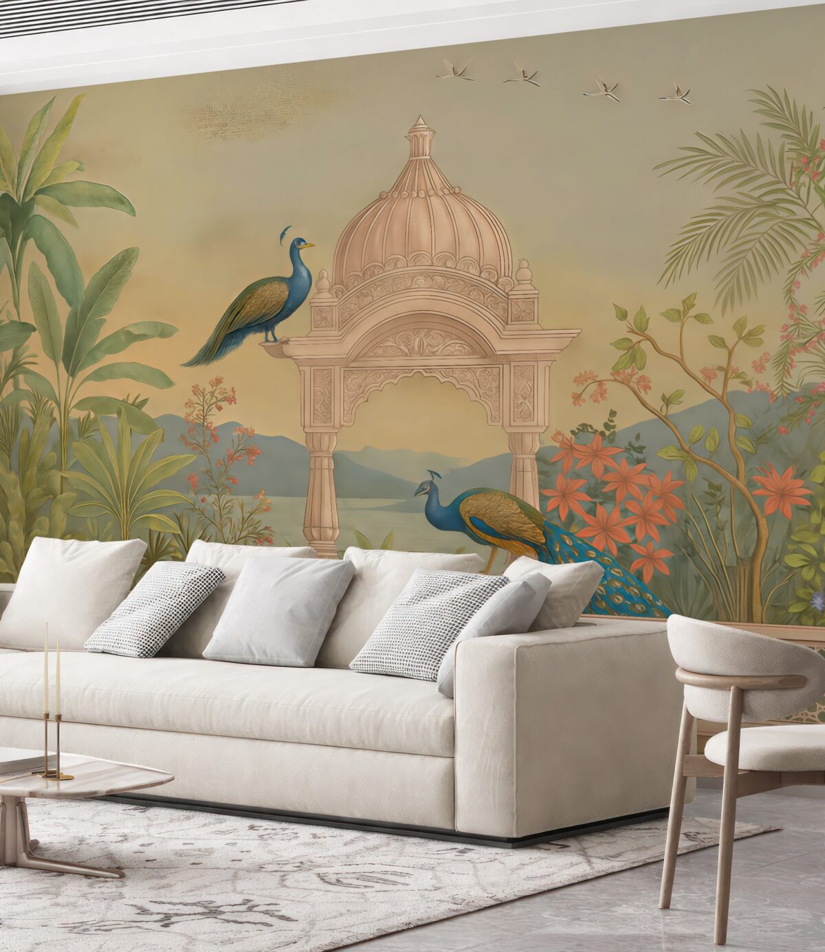 Fototapeta Fototapeta z widokiem na panoramę jeziora, tropikalny ogród z altanką oraz pawiami w subtelnych tonach zieleni i beżu, z teksturowanym materiałem.