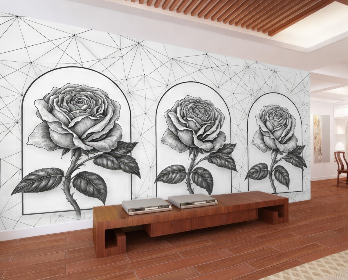 Fototapeta Czarne róże na jasnym tle. Minimalistyczna czarno-biała tapeta z czarnymi różami w łukach oraz abstrakcyjnymi liniami low-poly.
