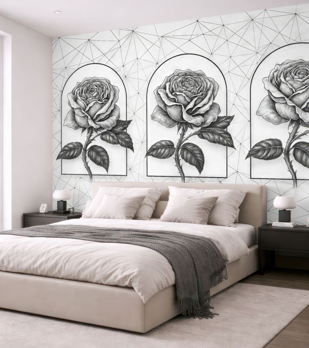 Fototapeta Czarne róże na jasnym tle. Minimalistyczna czarno-biała tapeta z czarnymi różami w łukach oraz abstrakcyjnymi liniami low-poly.