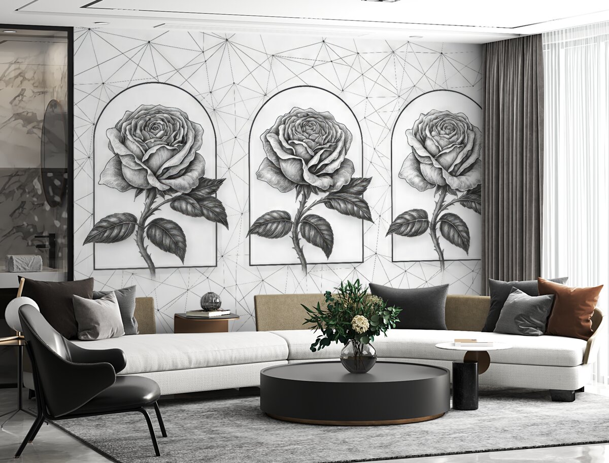 Fototapeta Czarne róże na jasnym tle. Minimalistyczna czarno-biała tapeta z czarnymi różami w łukach oraz abstrakcyjnymi liniami low-poly.