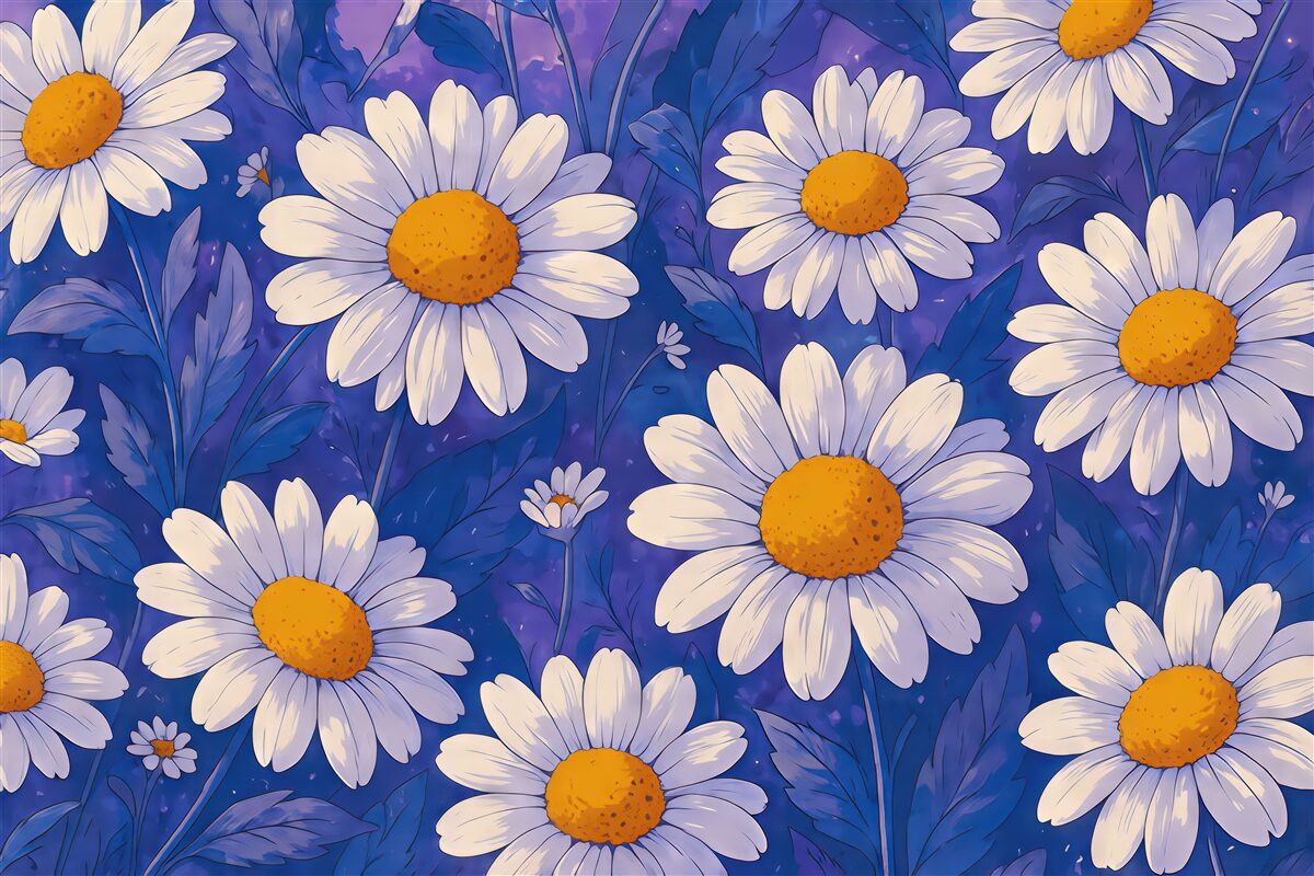 Fototapeta Białe stokrotki na błękitnym tle.