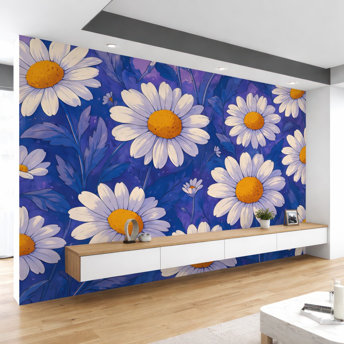 Fototapeta Białe stokrotki na błękitnym tle.