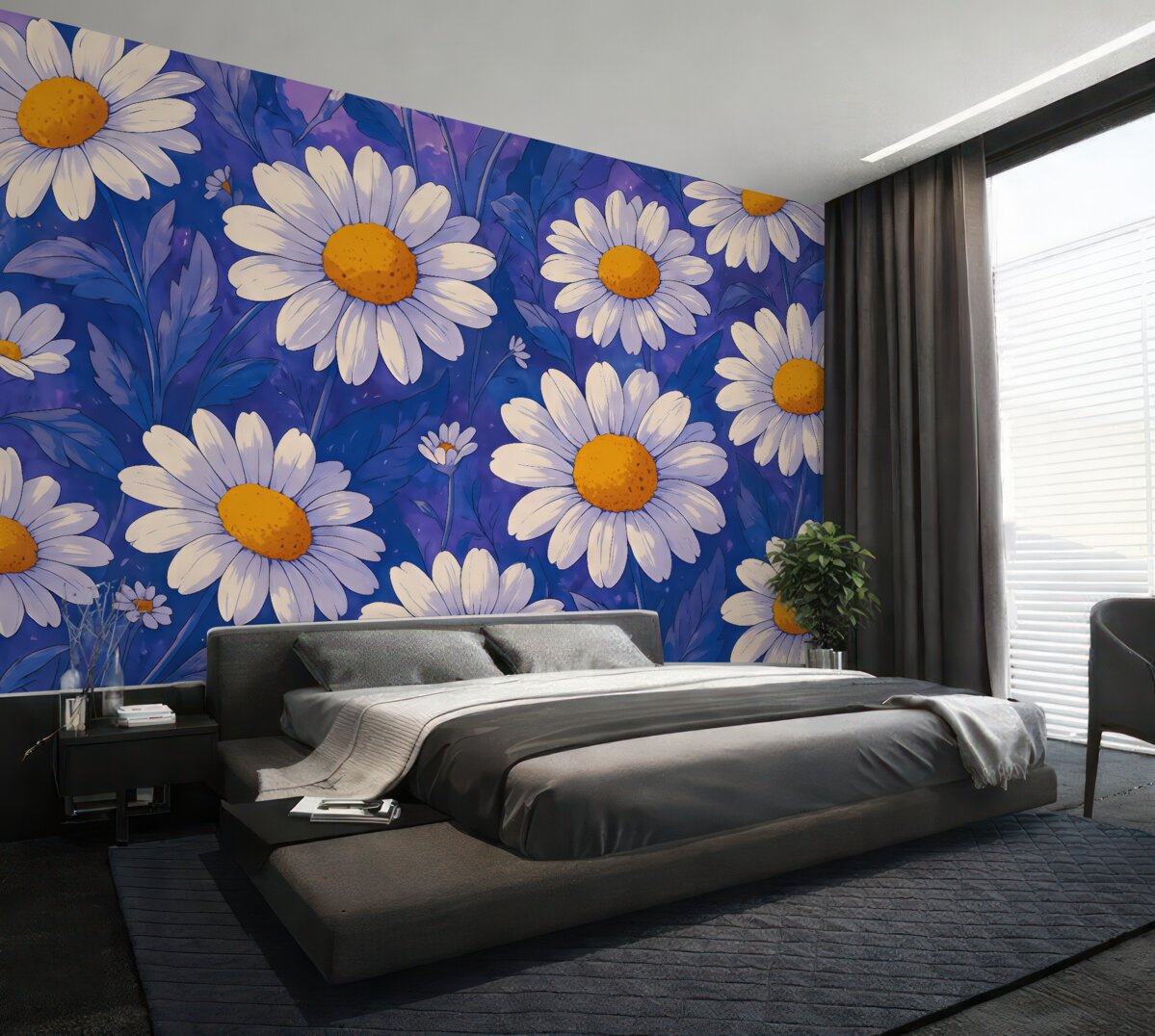 Fototapeta Białe stokrotki na błękitnym tle.