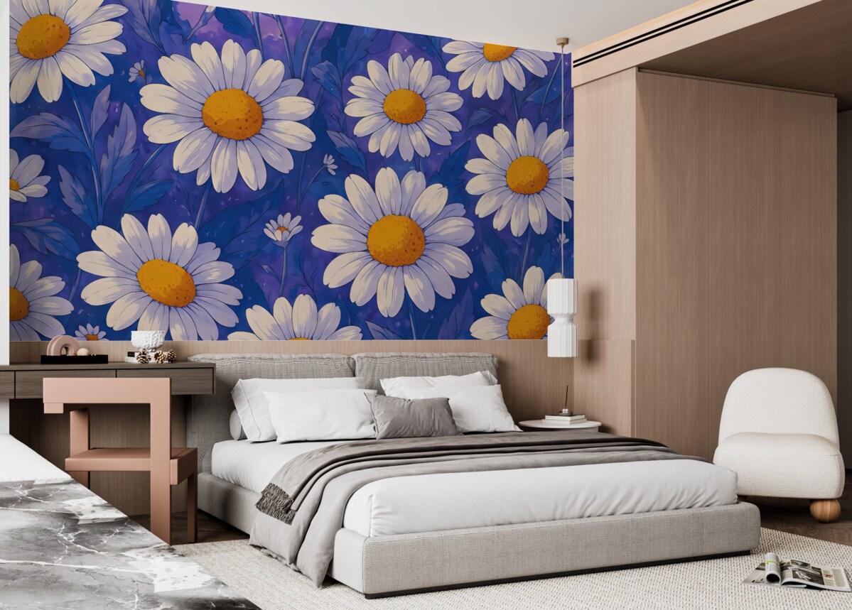 Fototapeta Białe stokrotki na błękitnym tle.