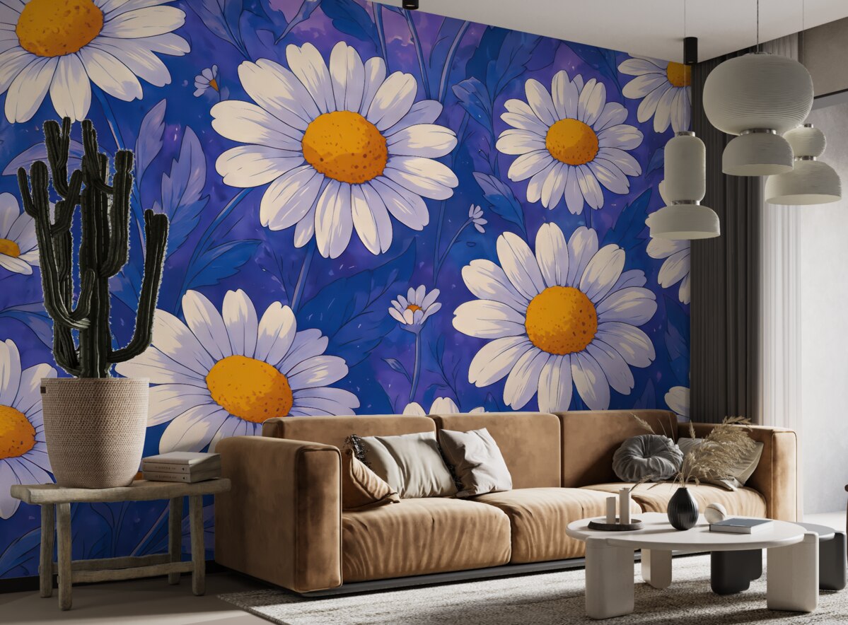 Fototapeta Białe stokrotki na błękitnym tle.