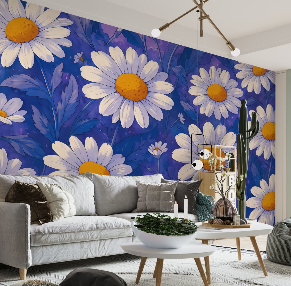 Fototapeta Białe stokrotki na błękitnym tle.