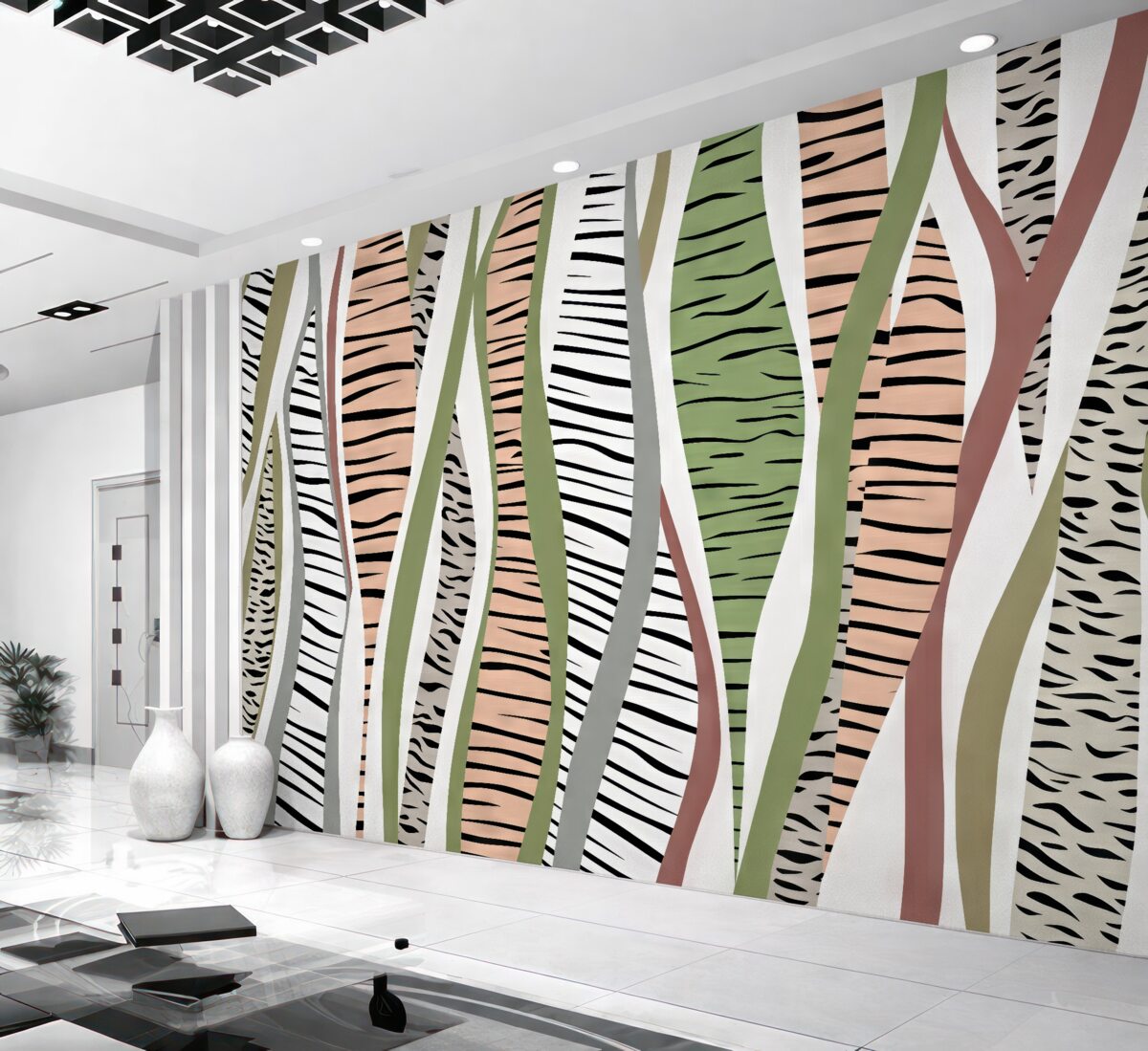 Fototapeta Stylizowana roślinność abstrakcyjna oraz liście w paski.