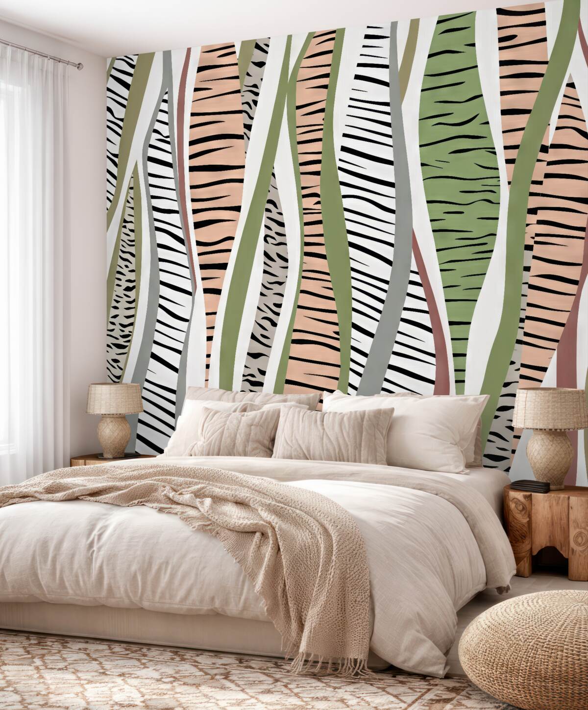 Fototapeta Stylizowana roślinność abstrakcyjna oraz liście w paski.