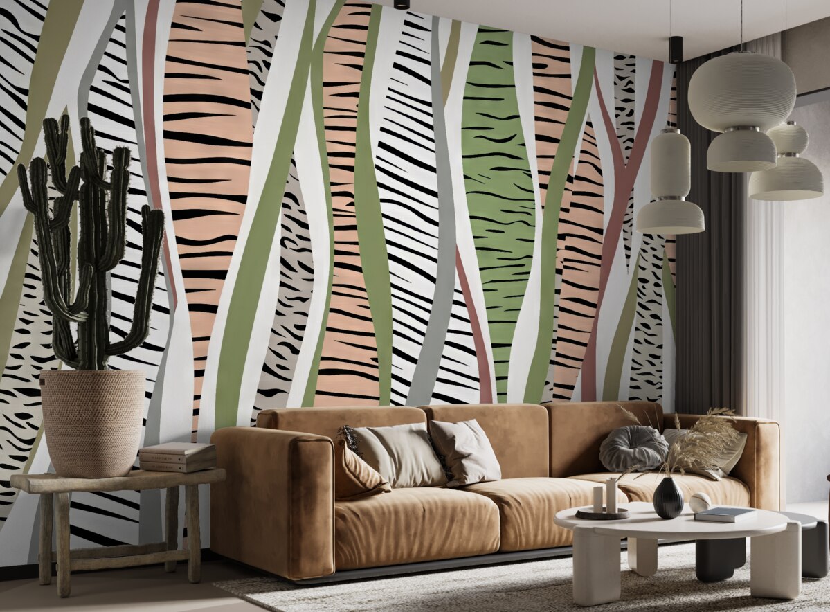 Fototapeta Stylizowana roślinność abstrakcyjna oraz liście w paski.