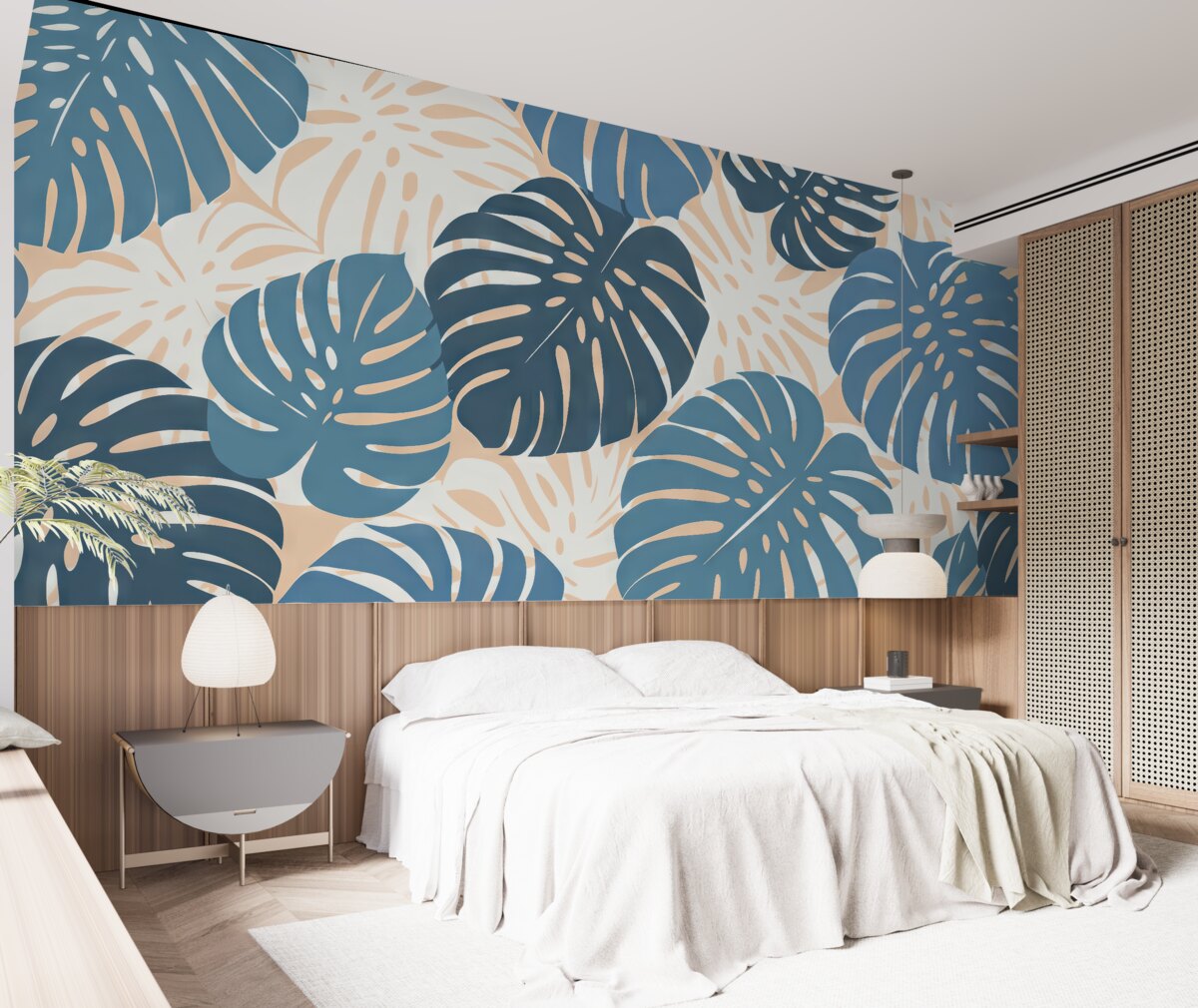 Fototapeta Jasne, tropikalne liście monstery, odcienie błękitu i różu.