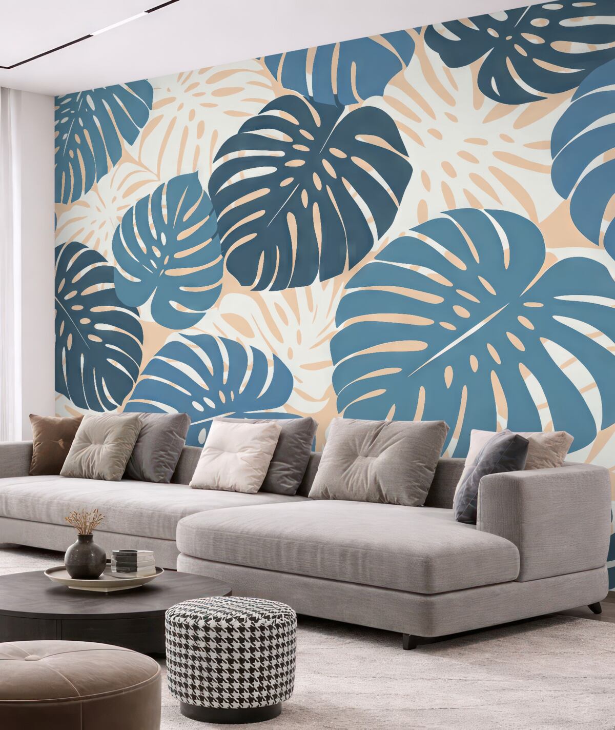 Fototapeta Jasne, tropikalne liście monstery, odcienie błękitu i różu.