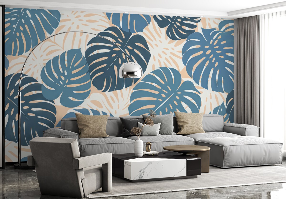 Fototapeta Jasne, tropikalne liście monstery, odcienie błękitu i różu.