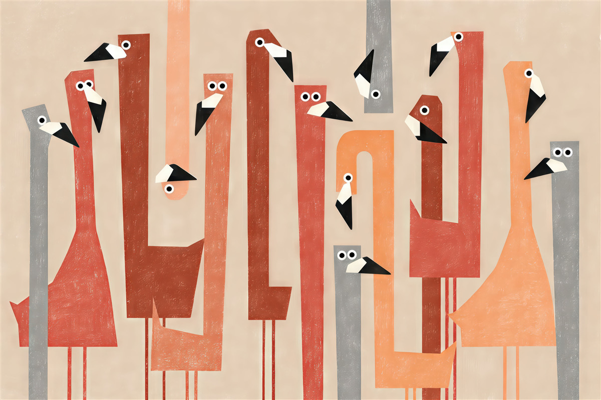 Fototapeta Wyraźna stylizowana grafika flaminga, barwy czerwonej, różowej, pomarańczowej i szarej, naśladuje rysunek przy pomocy smużek.