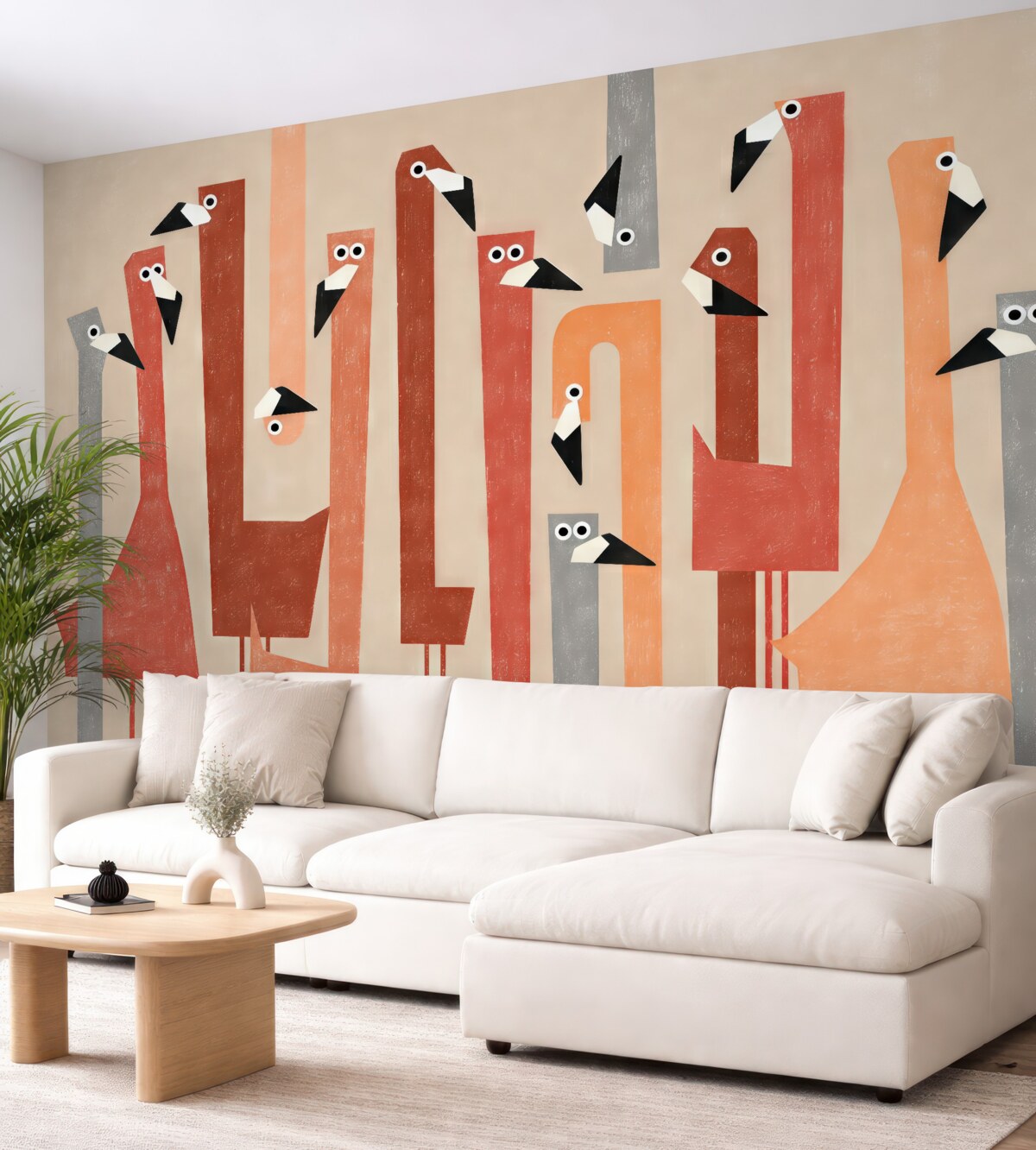 Fototapeta Wyraźna stylizowana grafika flaminga, barwy czerwonej, różowej, pomarańczowej i szarej, naśladuje rysunek przy pomocy smużek.