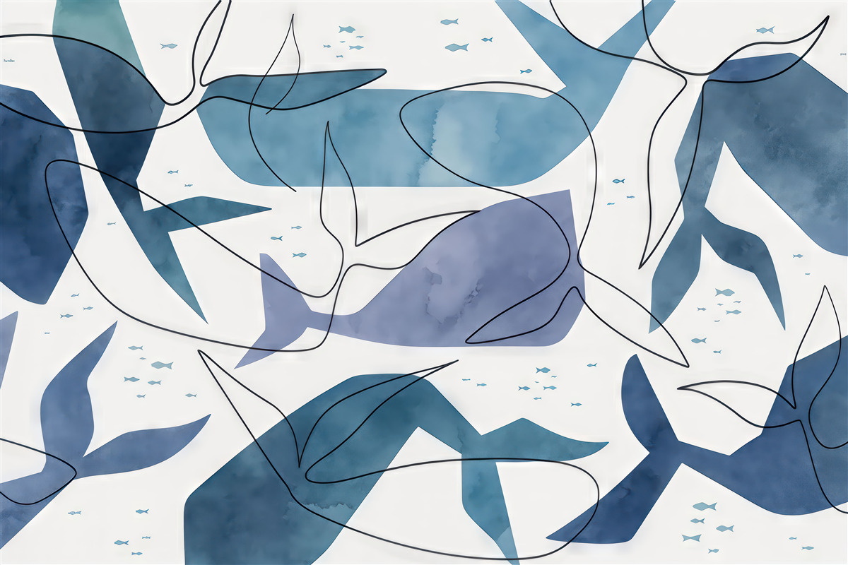 Fototapeta Stylizowane kształty wielorybów, akwarelowe obrazy i linie, odcienie błękitu.