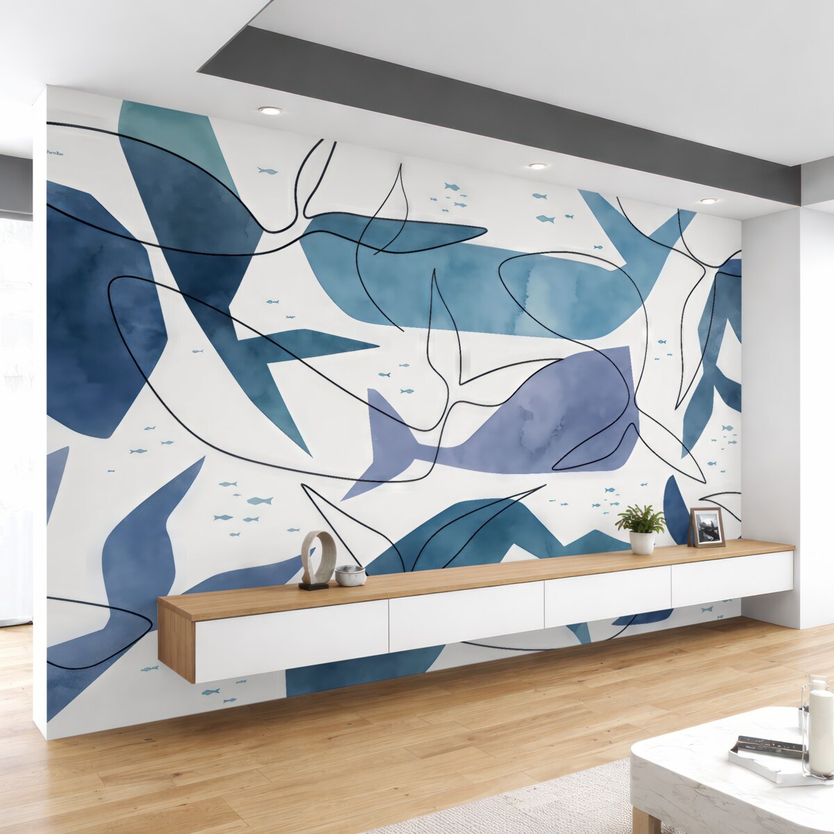 Fototapeta Stylizowane kształty wielorybów, akwarelowe obrazy i linie, odcienie błękitu.