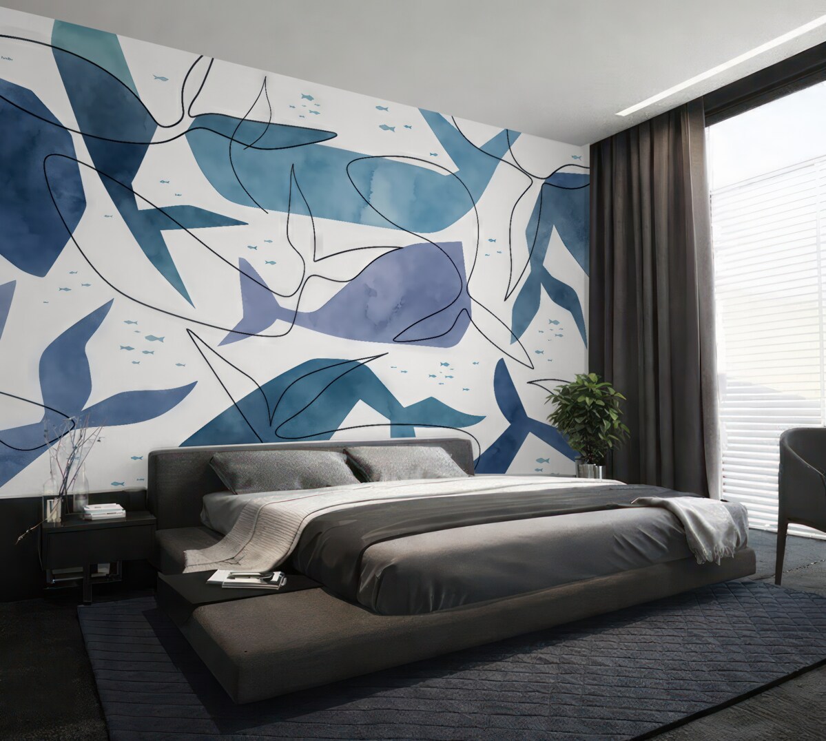 Fototapeta Stylizowane kształty wielorybów, akwarelowe obrazy i linie, odcienie błękitu.