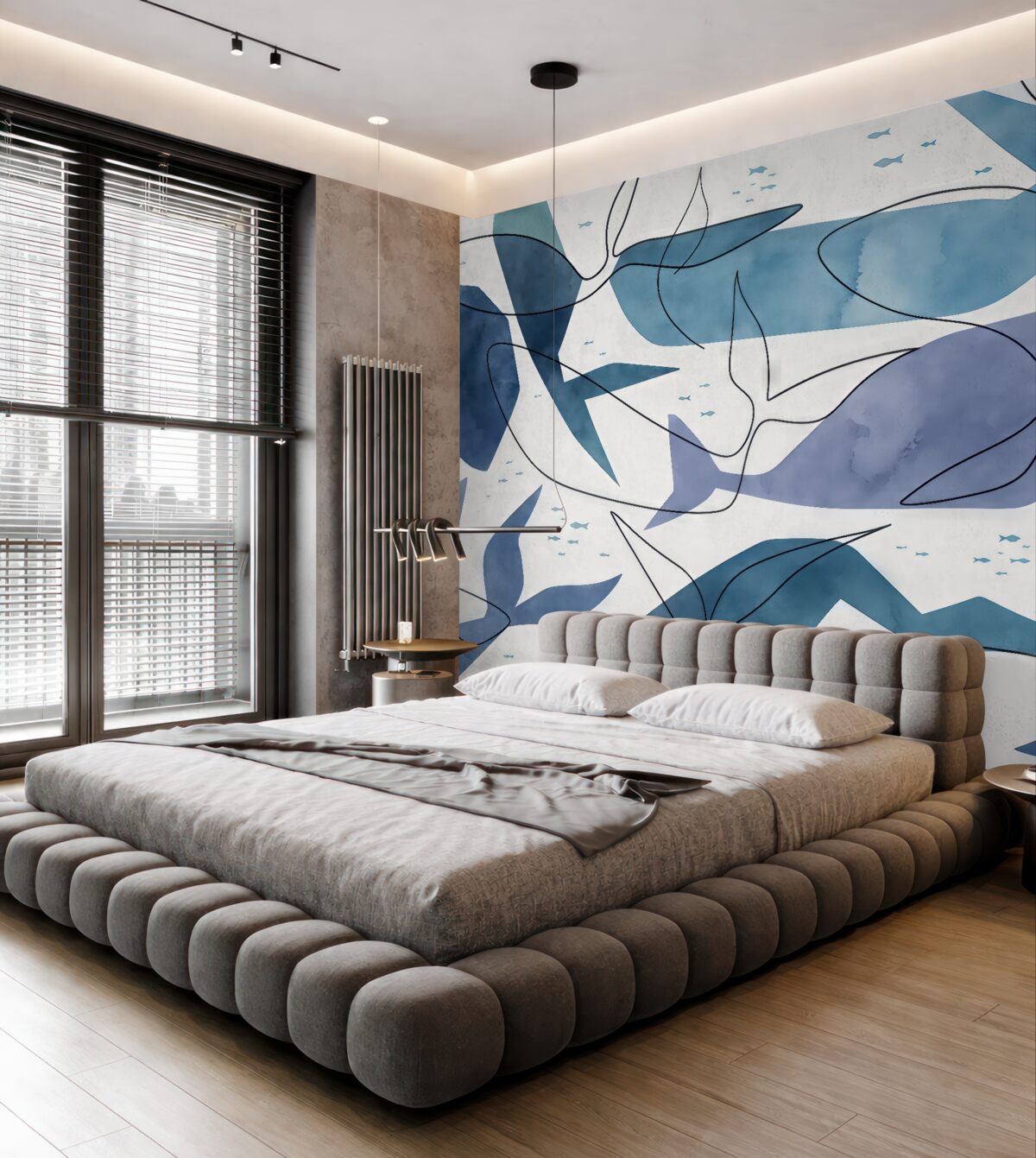 Fototapeta Stylizowane kształty wielorybów, akwarelowe obrazy i linie, odcienie błękitu.