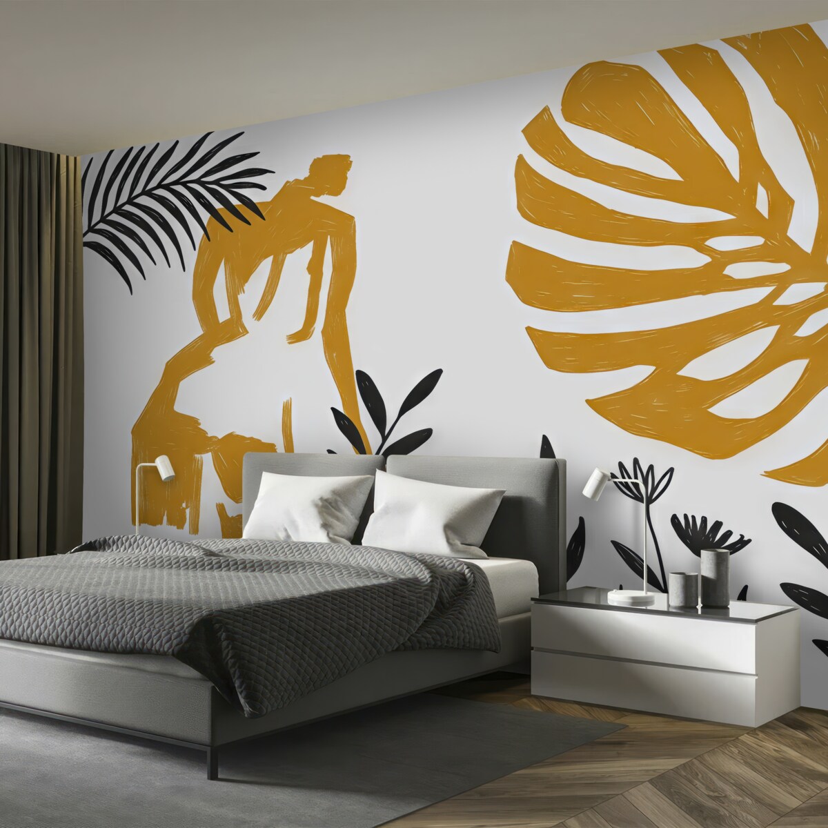 Fototapeta Abstrakcyjna plama dziewczynki i roślinności, barwa czarna i żółta.