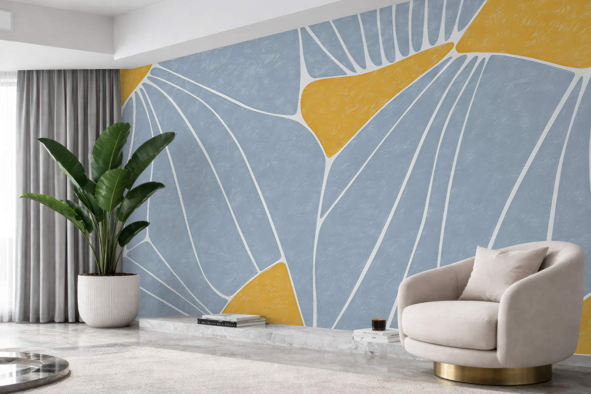 Fototapeta Abstrakcyjny wzór florystyczny, żółty oraz niebieski, z teksturą.