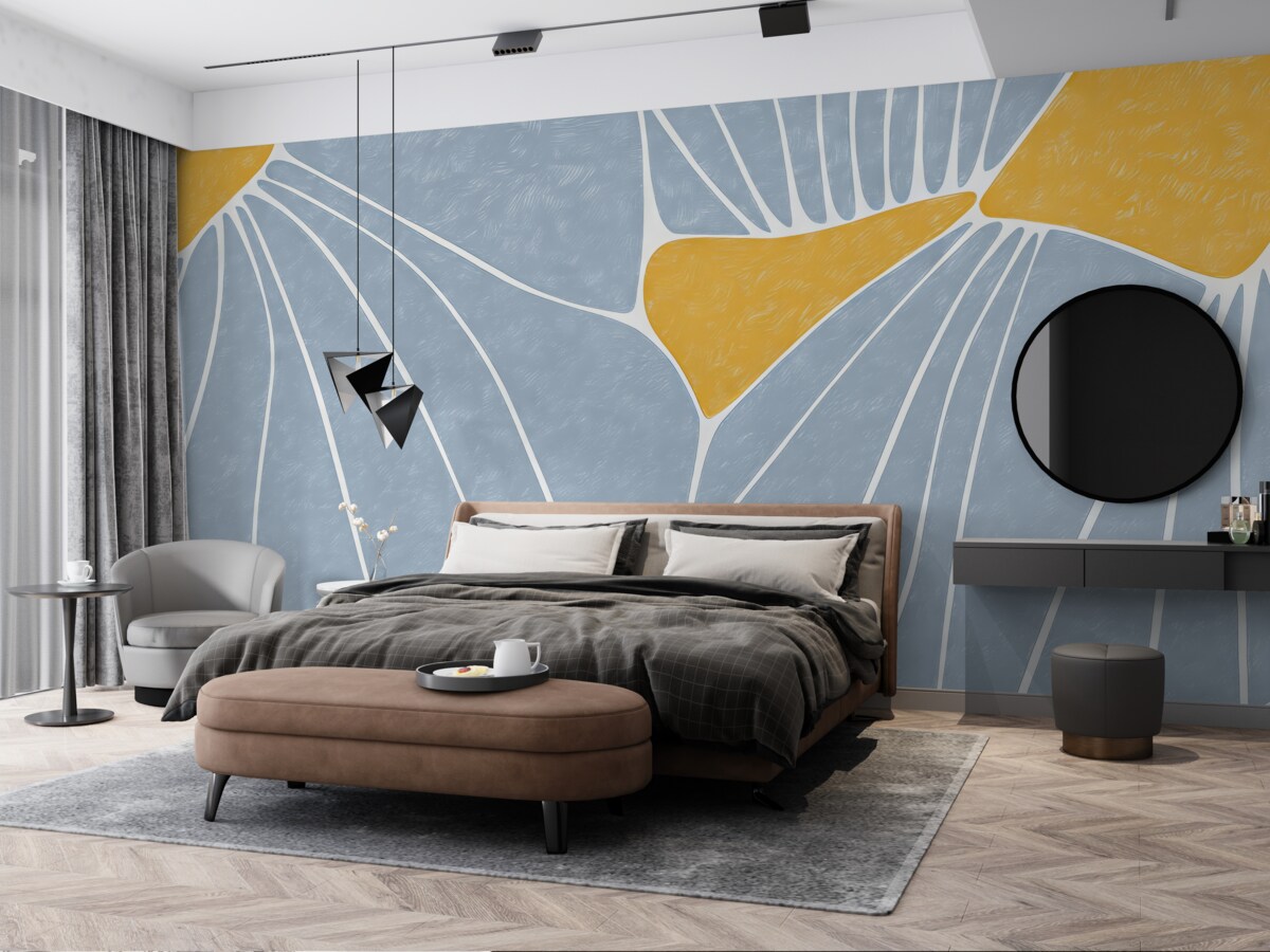 Fototapeta Abstrakcyjny wzór florystyczny, żółty oraz niebieski, z teksturą.