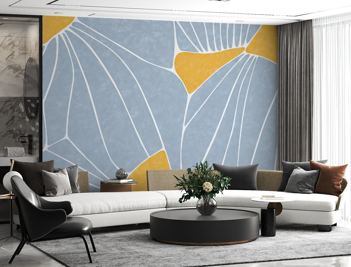 Fototapeta Abstrakcyjny wzór florystyczny, żółty oraz niebieski, z teksturą.