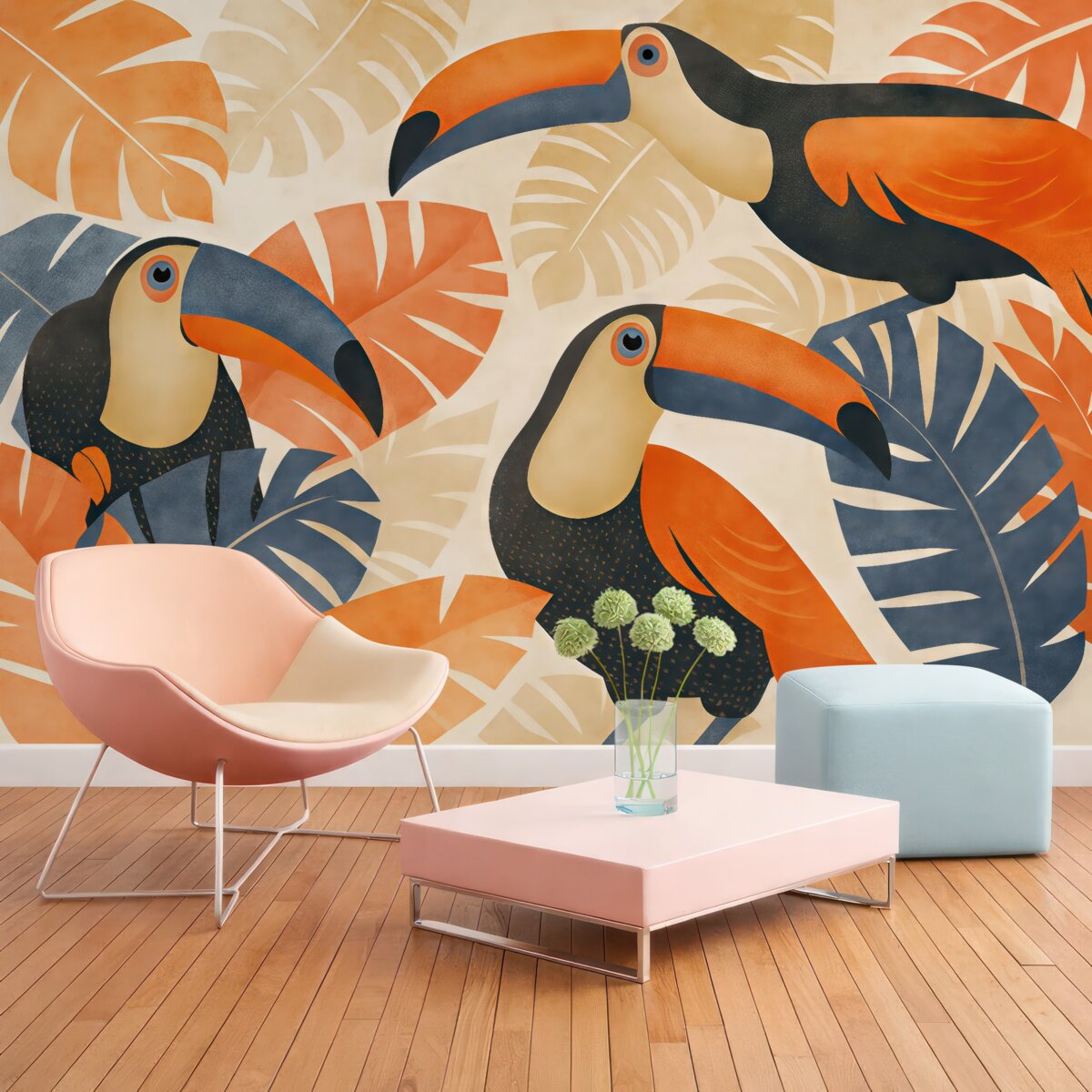 Fototapeta Tukany w tropikalnych roślinach, w odcieniach niebieskim, czerwonym oraz pomarańczowym.