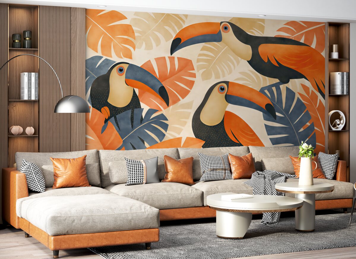 Fototapeta Tukany w tropikalnych roślinach, w odcieniach niebieskim, czerwonym oraz pomarańczowym.