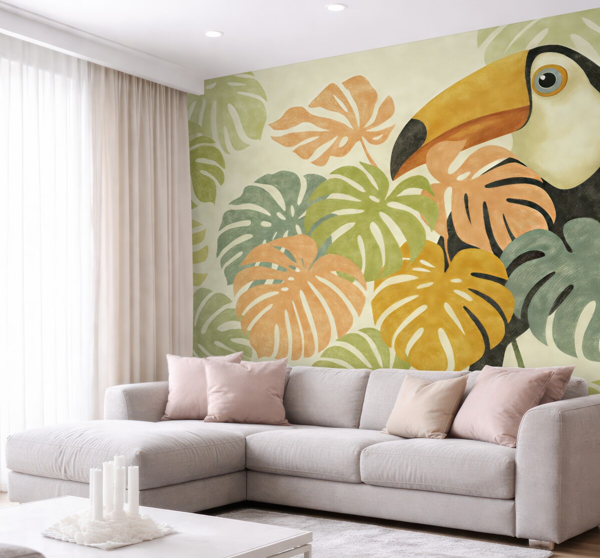 Fototapeta Tukan odpoczywa w tropikalnych liściach monstery, obrazek naśladujący ruch pędzla.