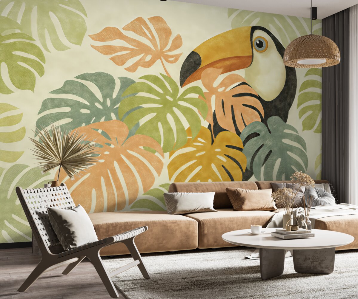 Fototapeta Tukan odpoczywa w tropikalnych liściach monstery, obrazek naśladujący ruch pędzla.