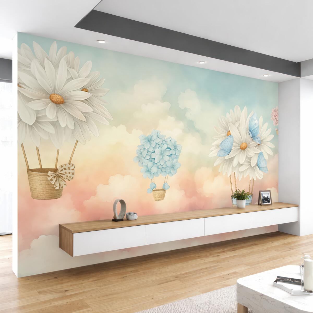 Fototapeta Niebo w farbach akwarelowych i baloniki kwiatowe.